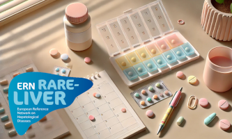 Symbolbild mit Tabletten, Tablettenblister, Pillenbox, Kalender, Trinkglas und Kugelschreiber in pastellfarbenen Tönen gehalten, sowie dem ERN-RARE-LIVER-LOGO im Vordergrund